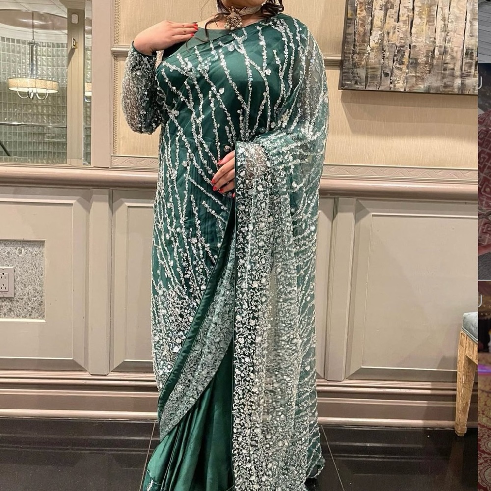 Chic Green Saree with Silver Detailing size 16 US
